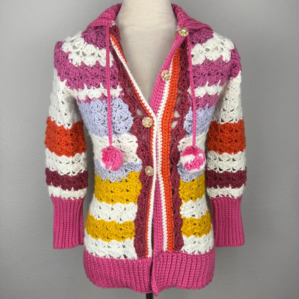 Crochet Collared Wood Button Cardigan Multi Color Striped Pom Pom Shell Stitch